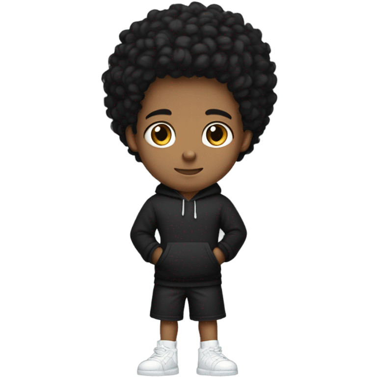 a young male with medium skin and curly black hair, wearing a black hoodie and matching shorts with white sneakers, emoji