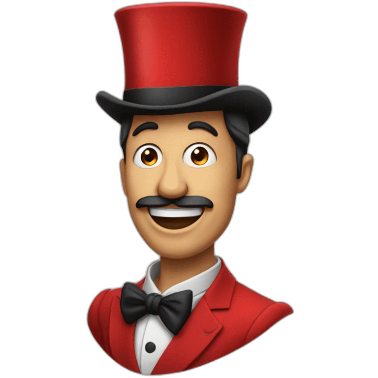 An entertainer in a red suit who has an open jaw instead of a head, and he also has a black top hat emoji