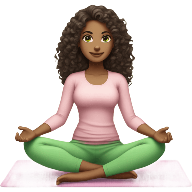 Dark brown long curly hair and green eyes yoga beautiful young woman in light pink pink pink clothes sitting on a yoga mat emoji