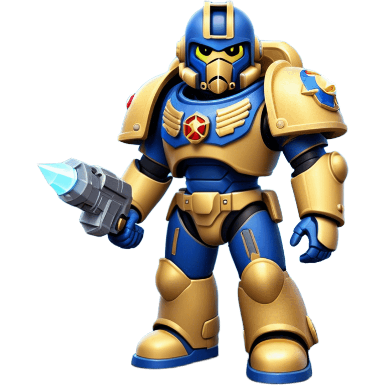 Clash of Clans aesthetic: Cinematic Playful Space Marine Hero Emoji, rendered in a 3D vector-style similar to standard emojis with minimal shading and bold, simplified shapes. A compact, heroic isometric figure clad in futuristic power armor with signature energy accents, softly glowing with a cosmic battle charm. Simplified yet unmistakably iconic, highly detailed and consistent, glowing with a soft radiant shine and high gloss. Stylized with a touch of interstellar valor and a soft glowing outline, capturing the essence of an elite space warrior with a friendly, playful manner! emoji