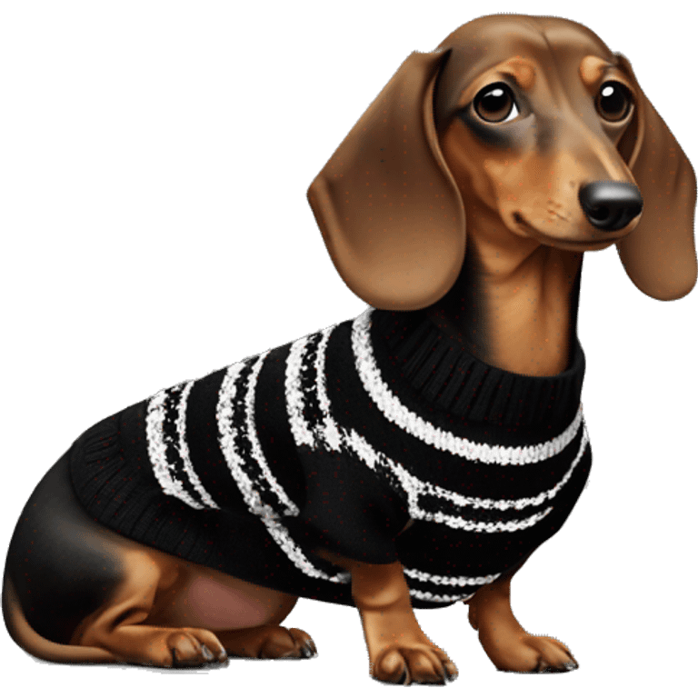 Dachshund wearing black and white Sweater with chanel logo  emoji