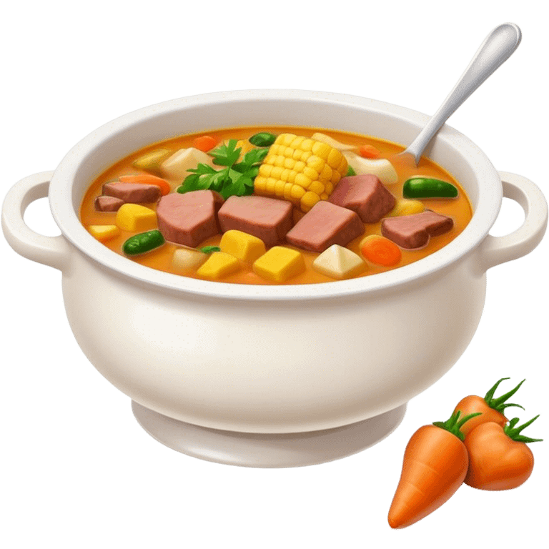 Cinematic Realistic Sancocho Soup Dish Emoji, featuring a rich, hearty stew with diverse meats and vegetables rendered with lifelike detail and warm, comforting lighting. emoji