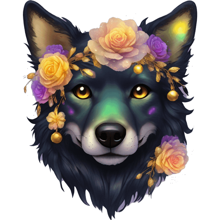 Black iridescent fluffy dog fox head zombie skull skeleton gold mechanical nebula galaxy stars colorful flowers fairy lights vintage emoji