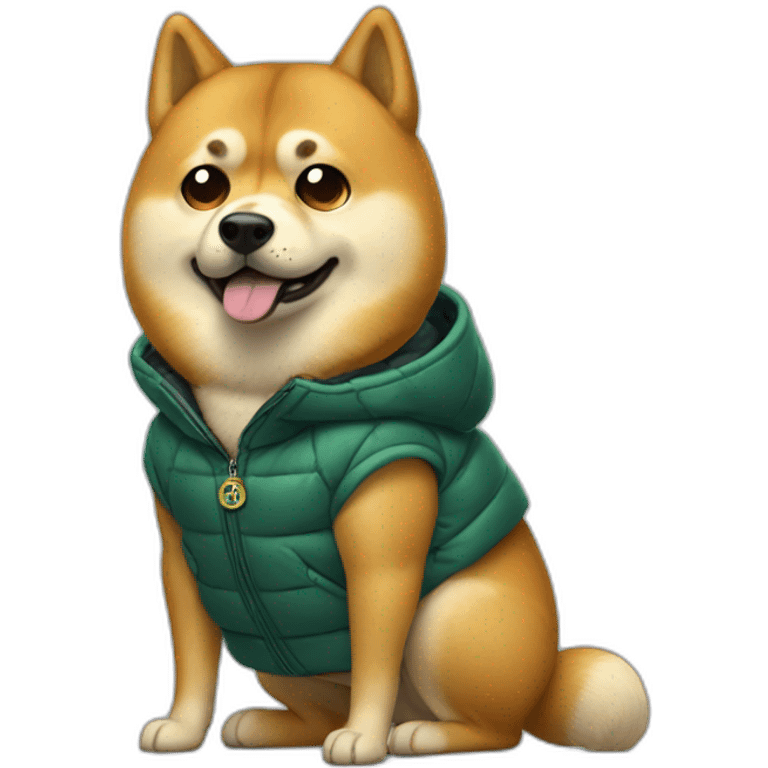 Bulked Doge in puffer jacket holding bitcoin emoji