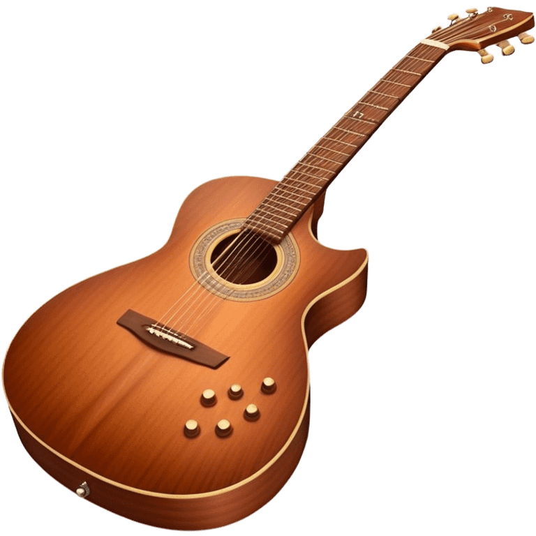 Cinematic Realistic Guitar, smooth mahogany body with intricate wood grain, steel strings reflecting soft light, gentle hand positioning on the fretboard, glowing with warmth and musical soul. emoji