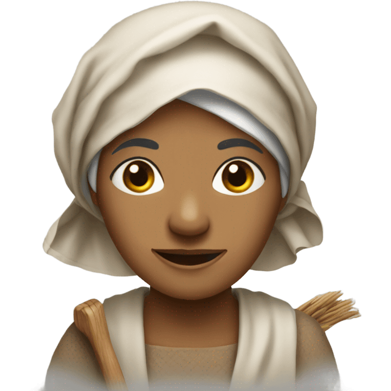 "An older woman with a weathered face, dark eyes, and a strong, no-nonsense expression. She wears a headscarf, a plain blouse, and carries a basket or a hoe in a rural setting." emoji