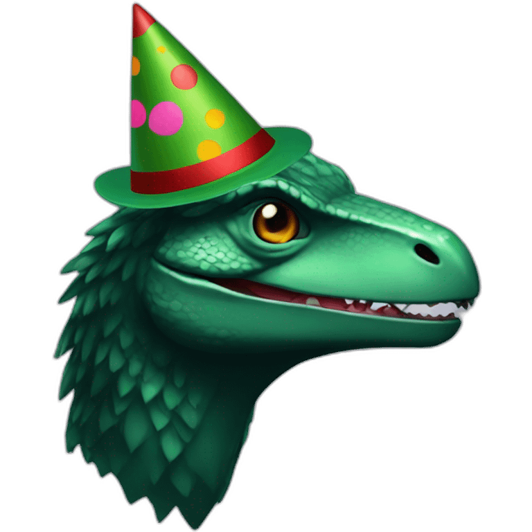 dark green raptor head in party hat emoji