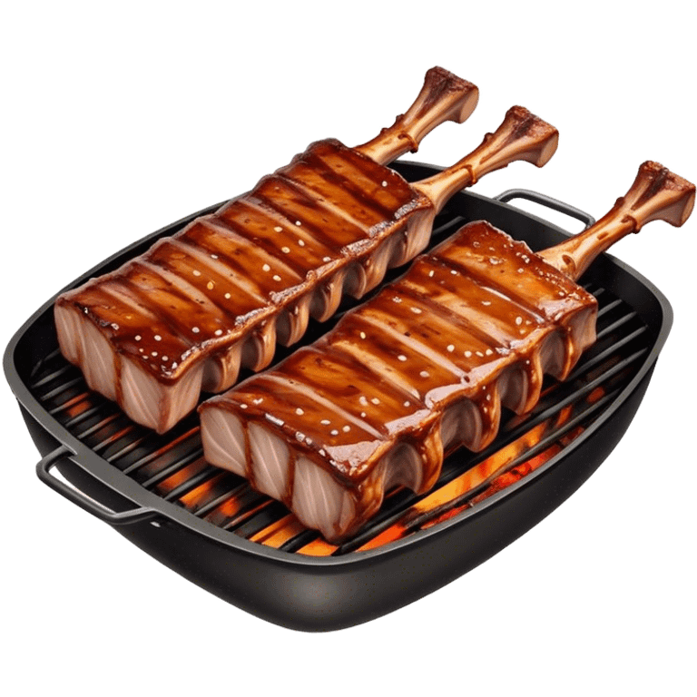 Cinematic juicy grilled ribs, glistening with smoky barbecue sauce, charred edges, tender meat falling off the bone, sizzling on a hot grill, mouthwatering and rich, warm and inviting, ultra-realistic and delicious. emoji