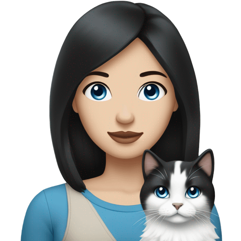 woman with black hair and holding a all white Siberian cat with blue eyes emoji