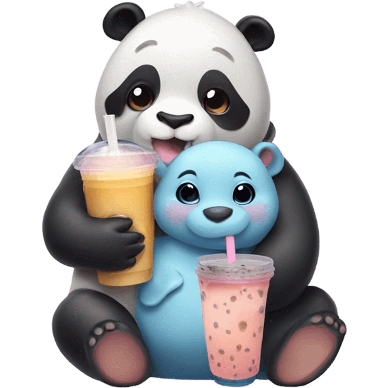 A panda hugging a baby hippo with bubble tea emoji