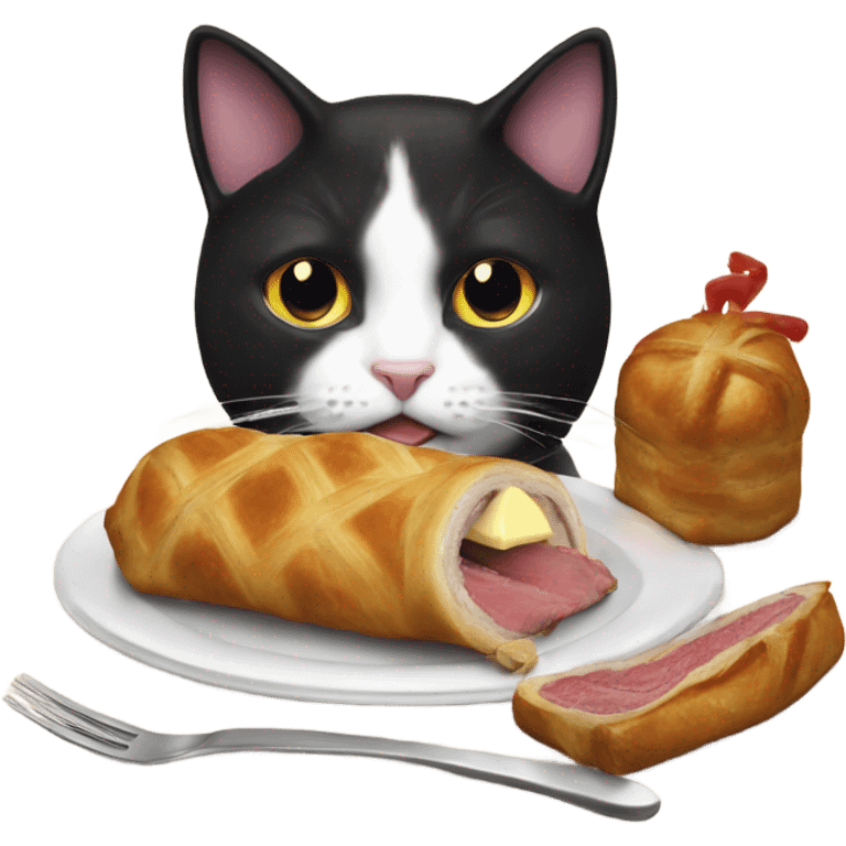 tuxedo cat eating a beef wellington  emoji