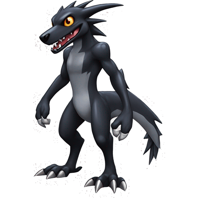 Black, Cool, Edgy, Nargacuga-Garchomp-Houndoom-Sergal Fakémon-Digimon with sharp markings,  full body emoji