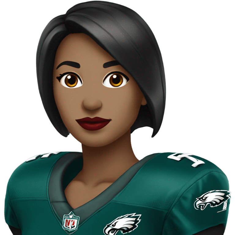 female dark hair red lips wearing Philadelphia Eagles jersey emoji