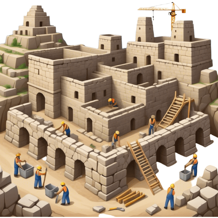 Ancient city under construction with workers using basic tools. Incomplete stone buildings, scaffolding, and a rough landscape. Simple, primitive architecture emoji