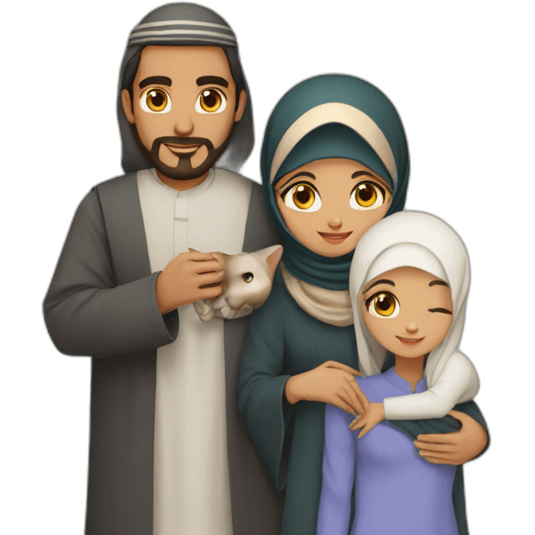 A muslim couple with a arabic man and a hijabi arab girl with a cat in their arms emoji