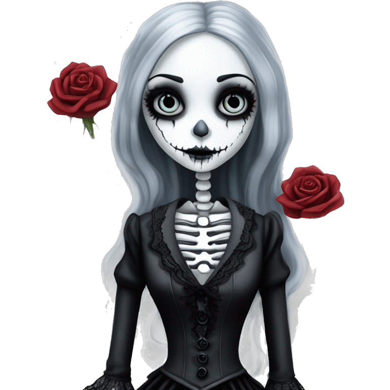 full height skeleton body, tim burton "corpse bride", thin porcelain doll with a cracked face, goth makeup watery eyes, long gray hair, lace and ruffles, lolita style, inked, black and white, red roses emoji