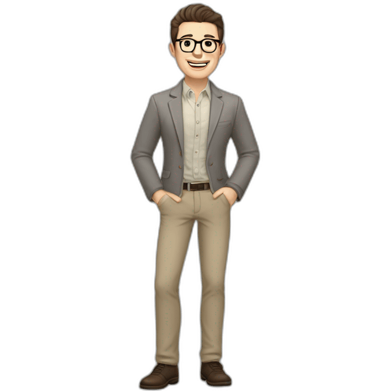 Joyful Full height Pale skinned Fit Man With dark brown hair in gray jacket, beige office shirt, Brown pants and vintage glasses. His thrumbs up emoji