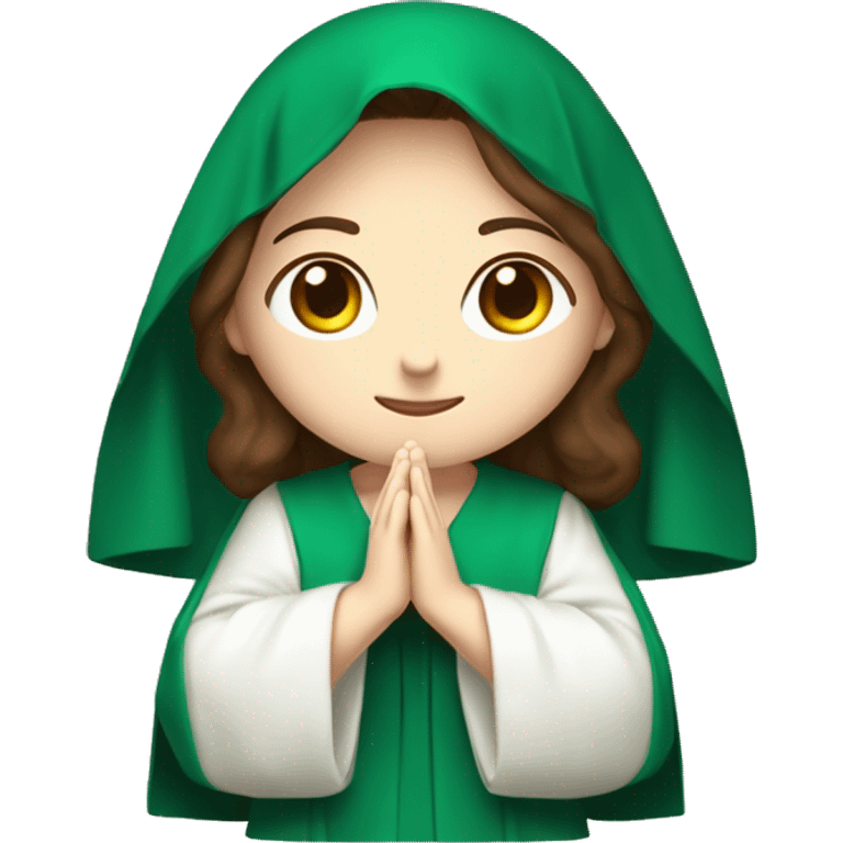 Serene and kind face pale skin with with brown hair. Wearing an emerald green  robe and white veil. Hands in prayer or blessing. Halo around her head. Often standing on a crescent moon.  emoji