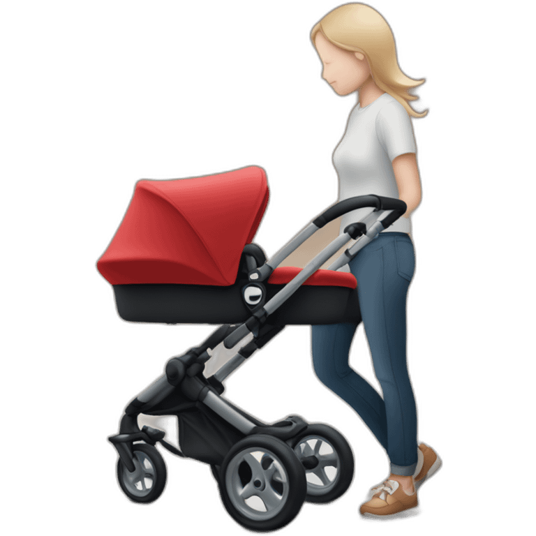 Une fille avec un bébé en poussette bugaboo rouge emoji