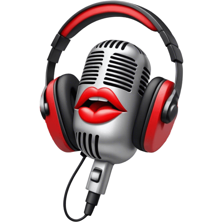 Create a dynamic and energetic emoji that represents beatboxing. The design should feature a stylized microphone with lips and sound waves emanating from it, symbolizing vocal percussion and rhythm. Add elements like headphones or a subtle speaker to emphasize the music production aspect. Use bold colors like black, white, and red to convey the intensity and creativity of beatboxing. The background should be transparent. emoji