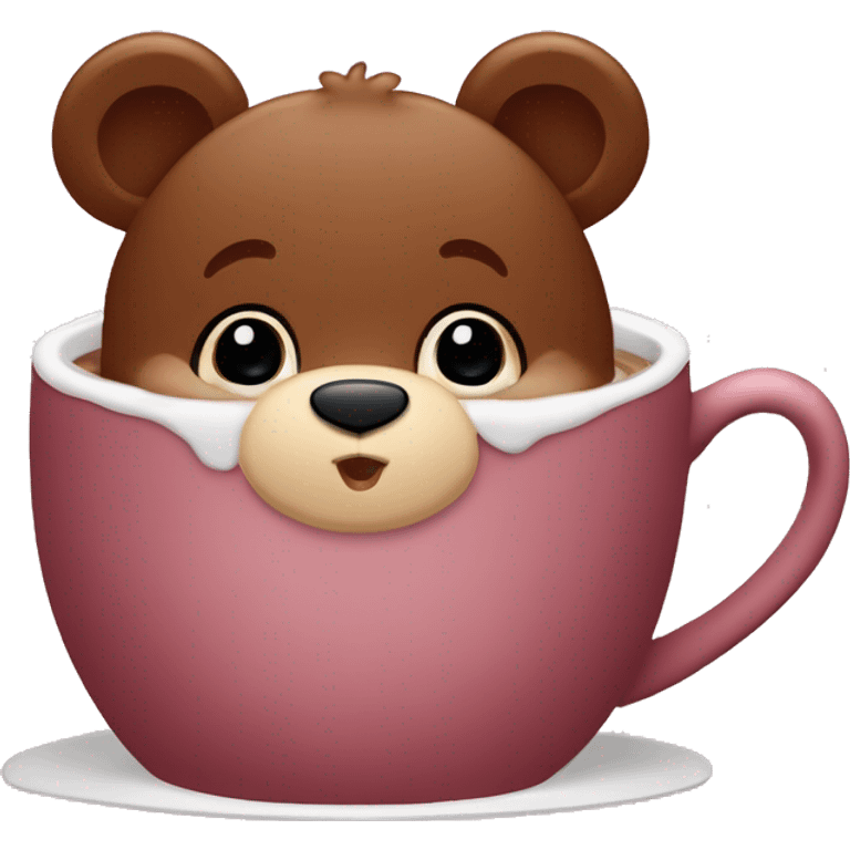 Baby bear inside of a cup of hot cocoa. Burgundy colored cup. The bear fits perfectly￼ in the cup. emoji