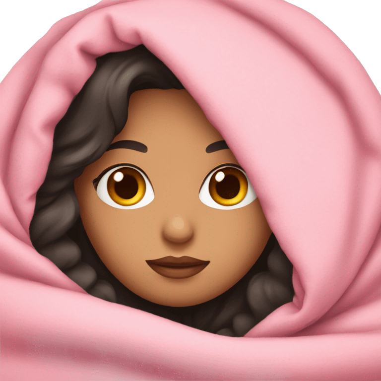 Woman with dark hair and blue eyes snuggled in a pink blanket emoji