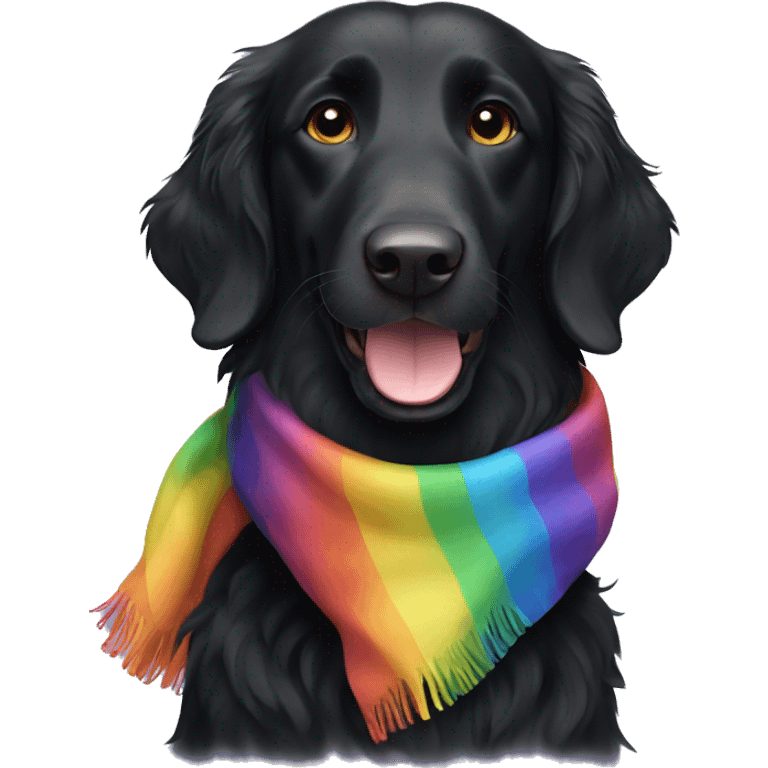 slim black flat coated retriever with rainbow scarf happy face emoji