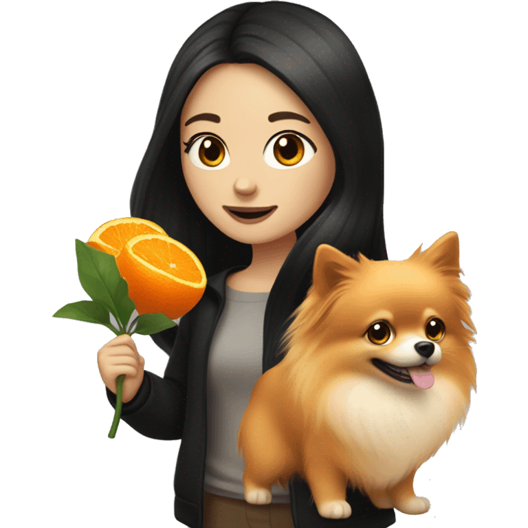 pale girl with long black hair walking with orange pomeranian emoji