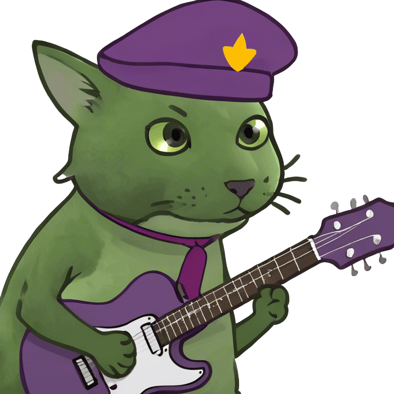 Grey cat playing a purple guitar emoji