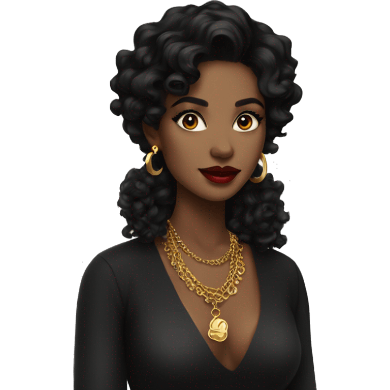 girl with medium wavy curly black hair, dark eyes, gold earrings and necklace and bold lips emoji