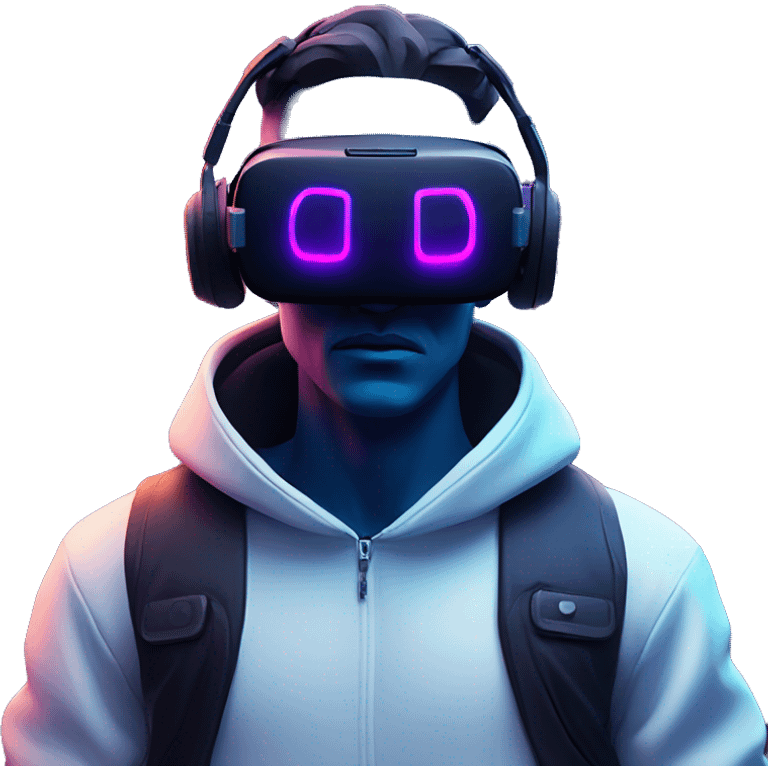 Cyberpunk style. blue neon. White skin man in the black hoody with violet OMG VR logo on it. Man in vr headset oculus quest 2 emoji