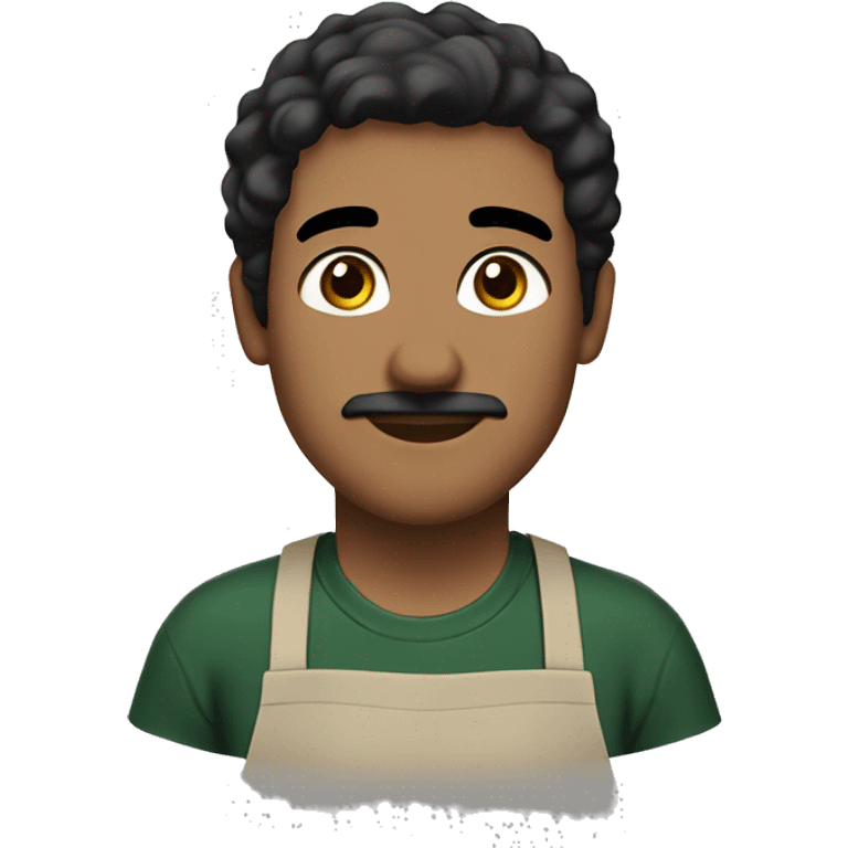 person with black hair side part, dark green apron, brown eyes, really short mustache emoji