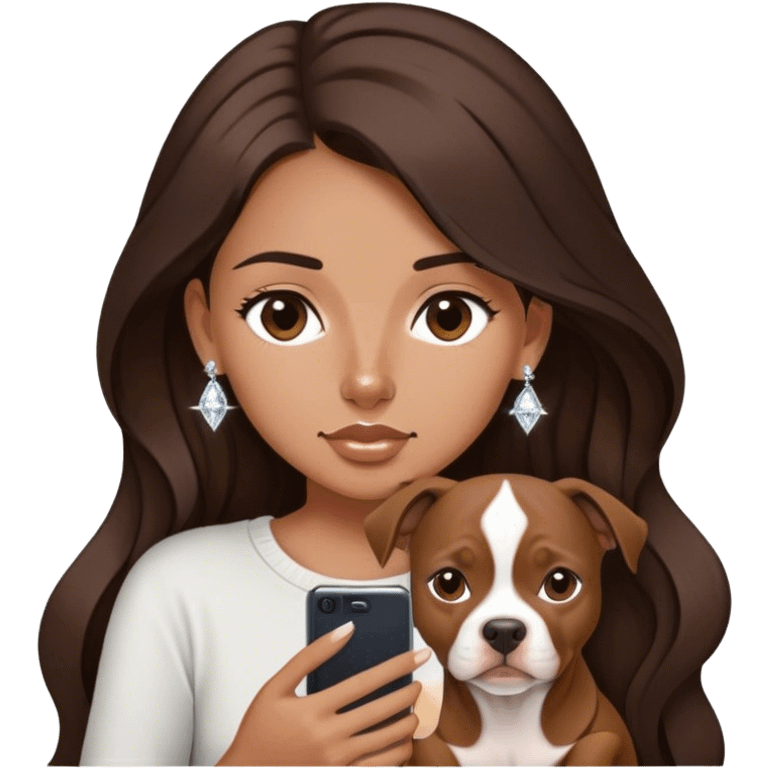 ￼ a young girl with long dark brown hair cascading down her face. It’s with her phone in her hands, sitting next to her pitbull with a small diamond nose ring in her nose. emoji