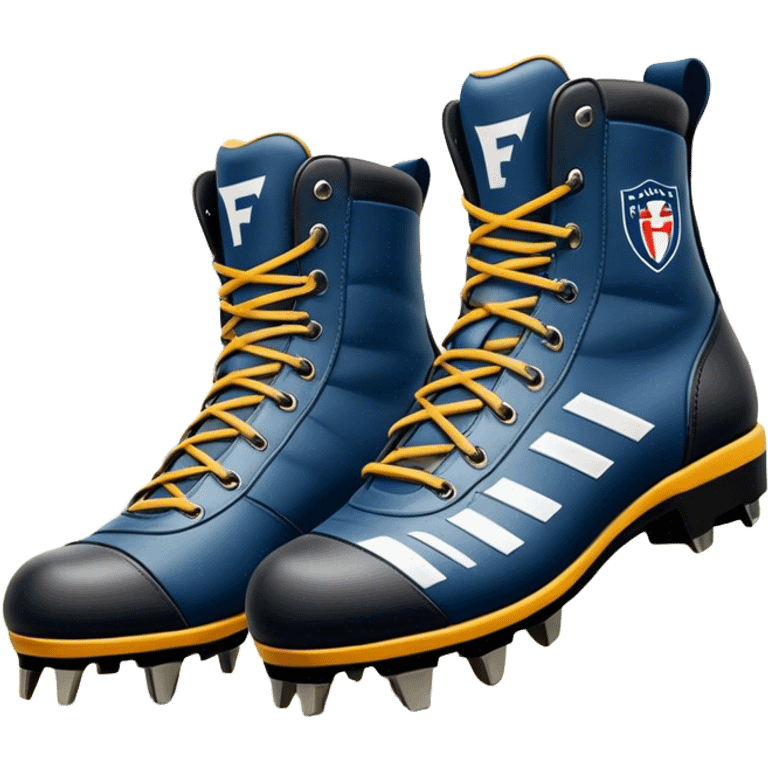 Cinematic Realistic image of a pair of AFL boots, showcasing detailed leather stitching and a rugged sole with fine cleat impressions, captured against a blurred stadium background with high-energy, dynamic lighting emoji