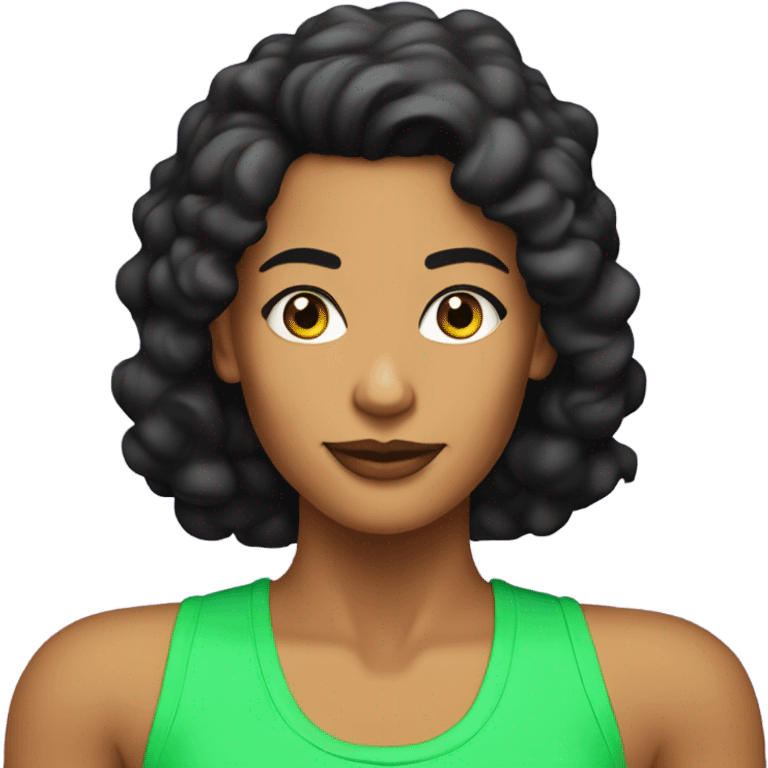 Tanned woman with black hair wearing 1980s style neon fitness outfit and hair emoji