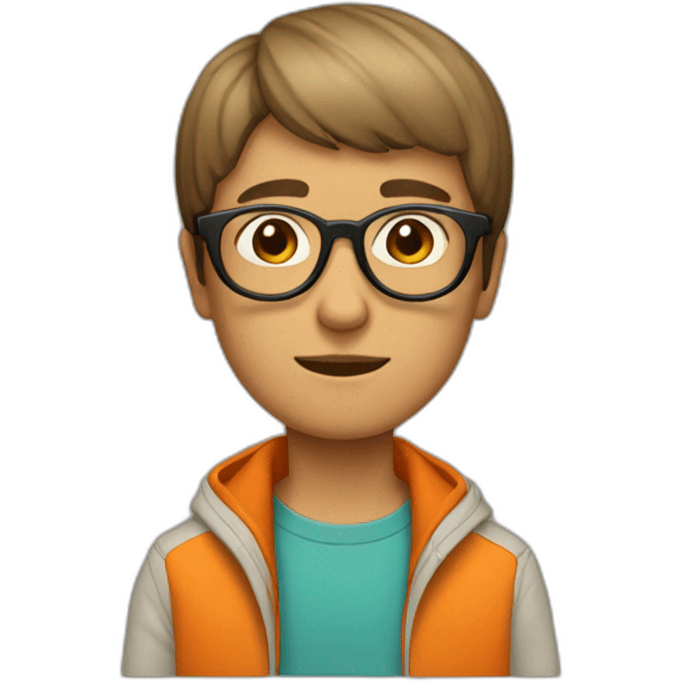 a man with a bowl cut brown glasses, a orange jacket emoji