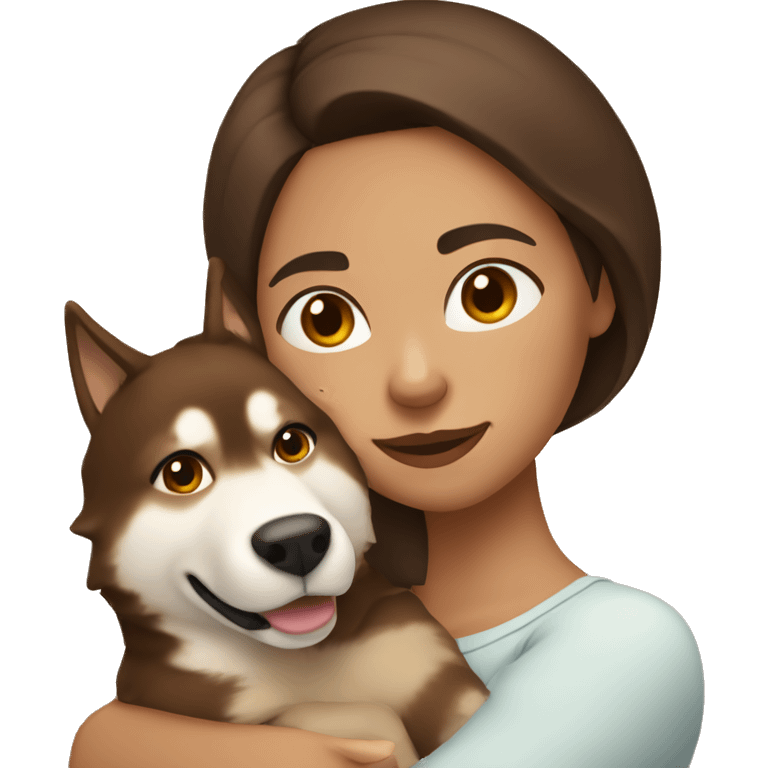 Woman with Brown hair cuddling with Brown Husky  emoji