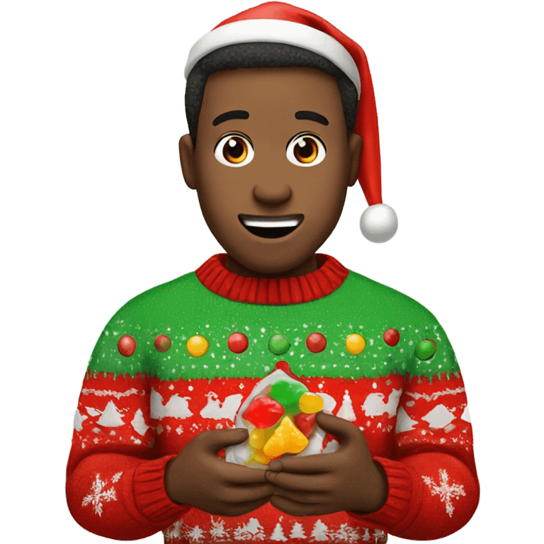 Guy in Christmas sweater eating a gummy emoji