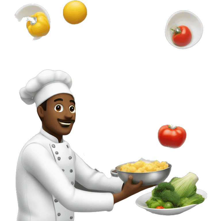 the cook is cooking, vegetables and fruits are flying above him and near him emoji