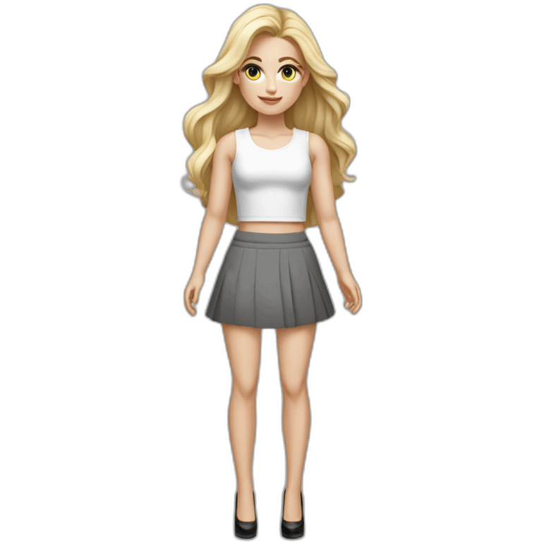 hyperrealist caucasian long blonde hair dark brown eyes woman white crop top gray mini skirt black high heels full body emoji