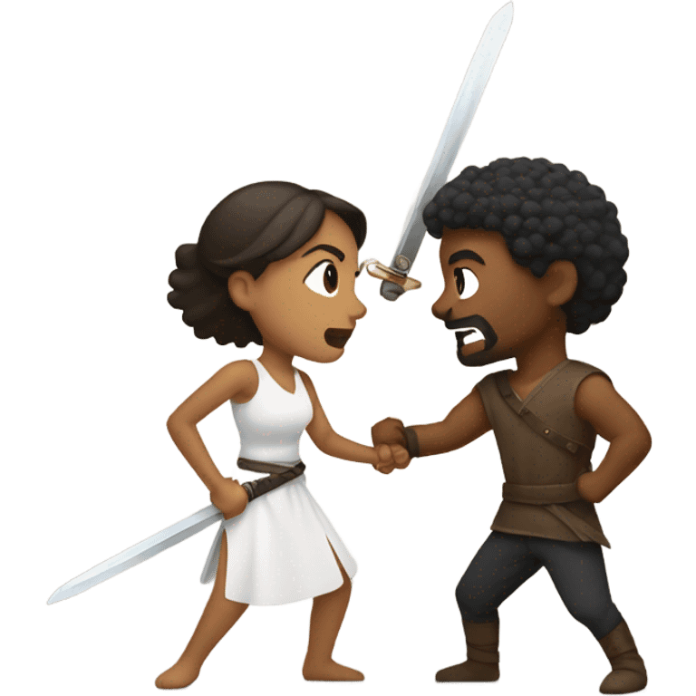 Mixed woman and Brownskinned man sword fighting eachother emoji