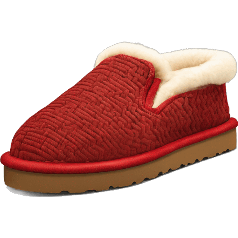 Chestnut colored low cut ugg slip-on slippers. thin red woven zig-zag trim on the cuff, a red heel pull tab, and a thick platform sole. ” emoji