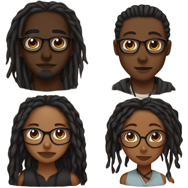 black couple with locs, male darkskin with long black locs, female brown skin with glasses and brown locs tied up kissing emoji