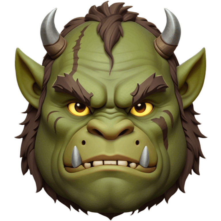 Cinematic Noble Ogre Portrait Emoji, Majestic and imposing, with a rugged, muscular form in deep earthy greens and browns, adorned with battle scars and subtle tribal markings, exuding calm, noble strength and unexpected wisdom, simplified yet strikingly detailed, glowing with a shadowy outline that captures the essence of a gentle giant with fierce heart! emoji