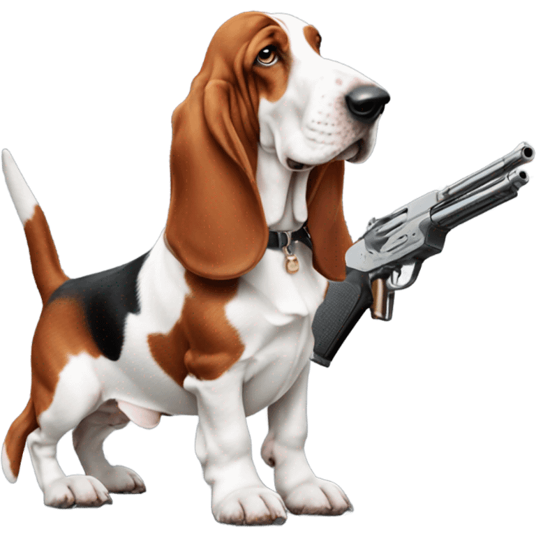 Red and white basset hound with gun emoji