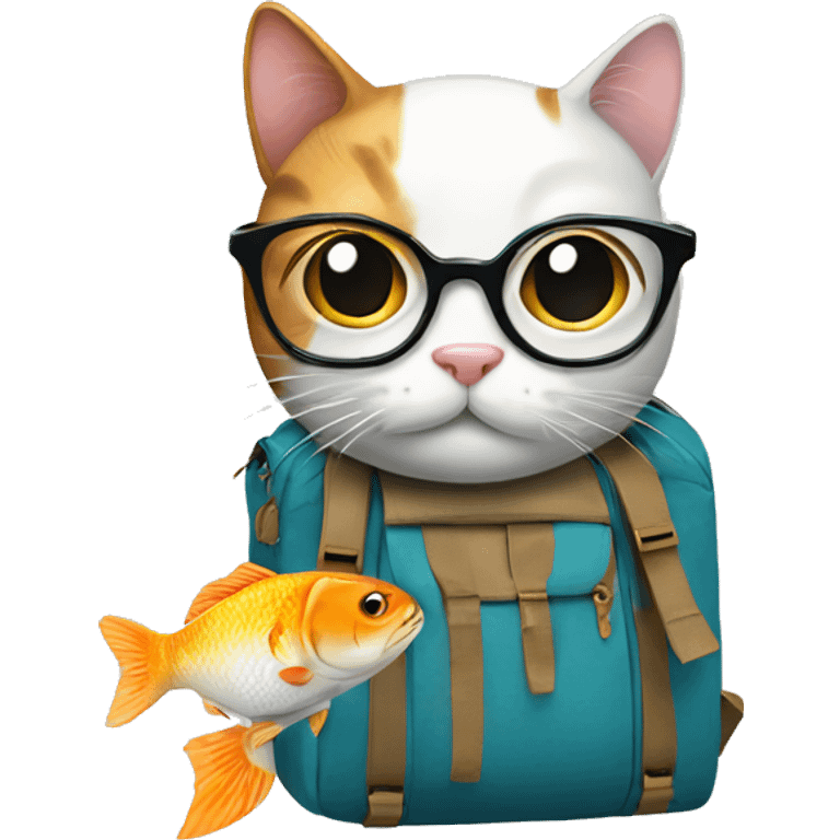 Cat with a backpack and inside backpack a fish with glasses emoji