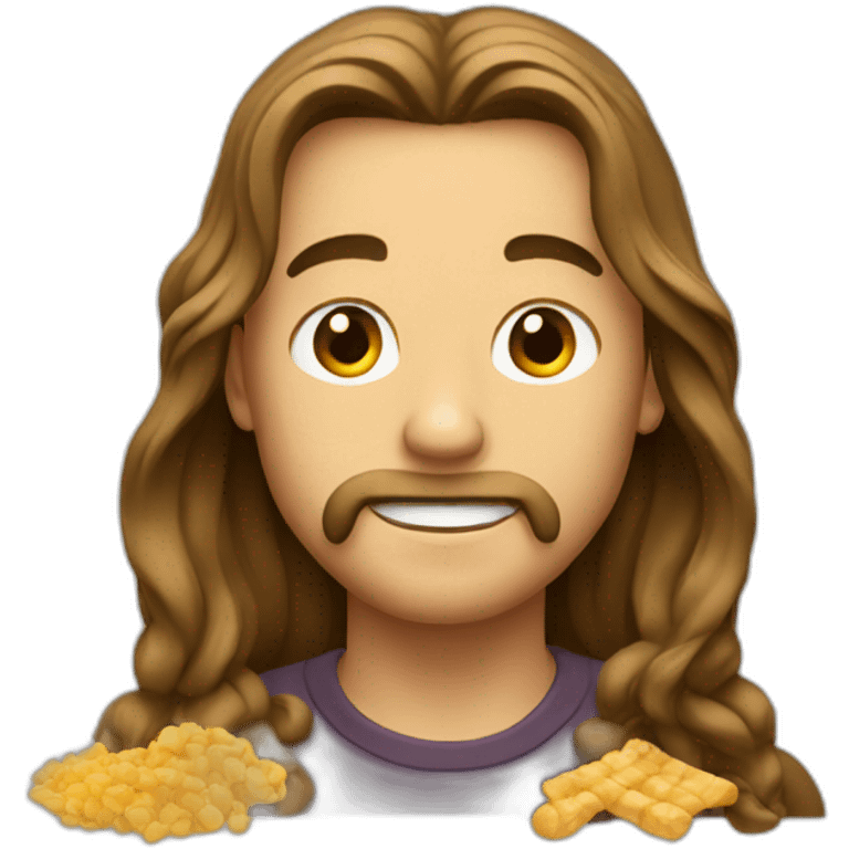 Man with long hair eats snacks emoji