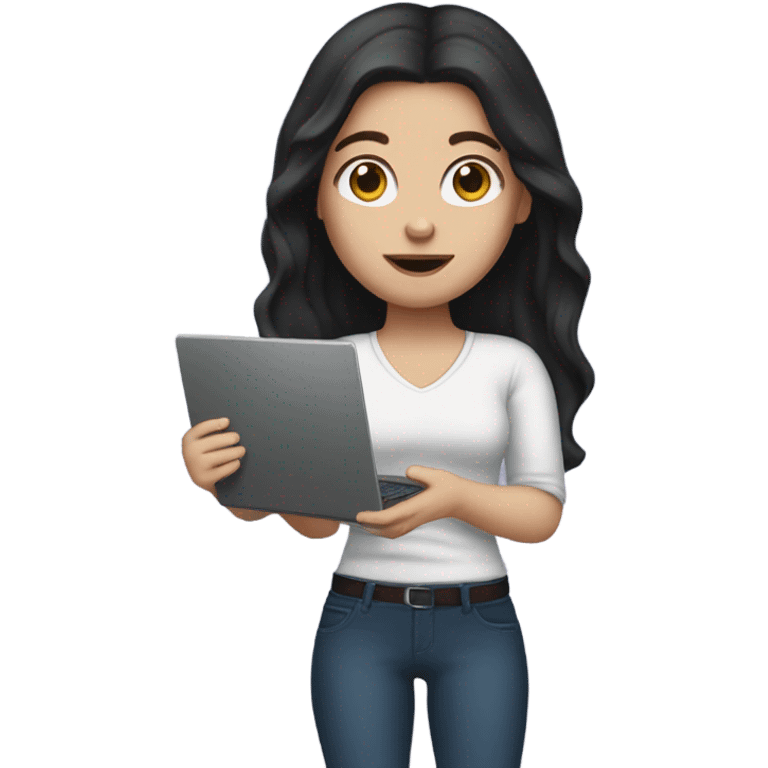 white girl with dark long hair holding a laptop in her hands emoji