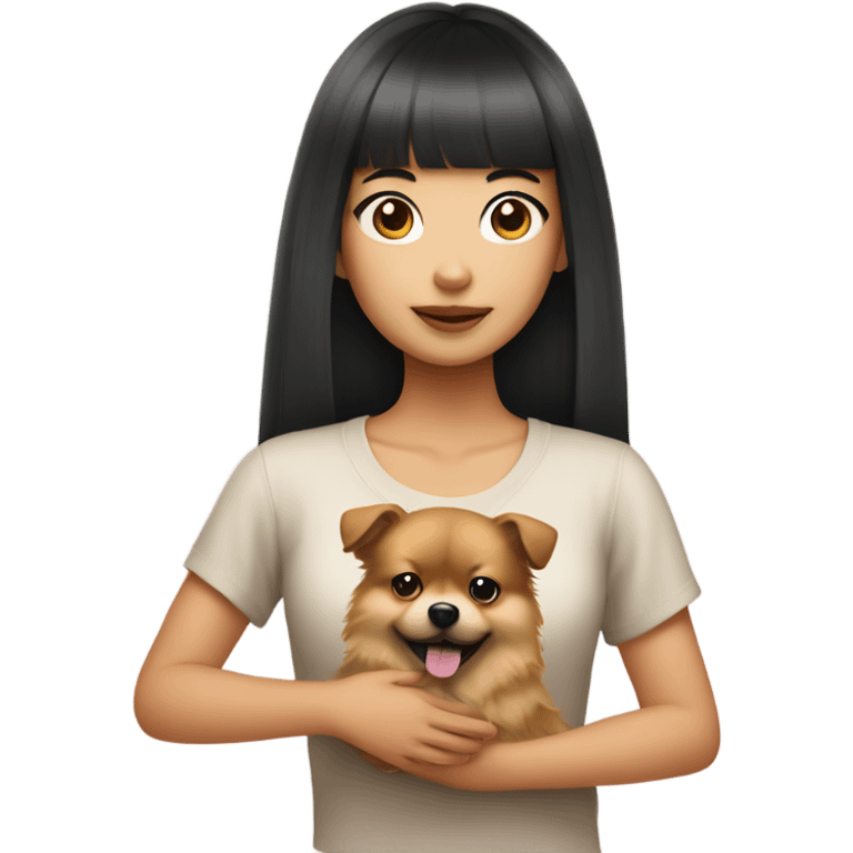 Asian girl with bangs holding pomeranian emoji