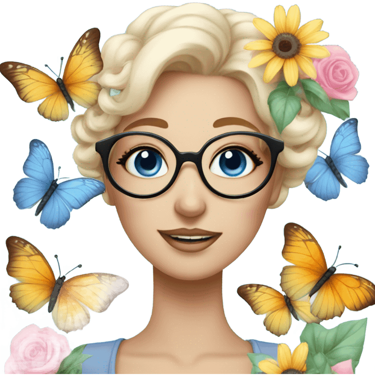 Gorgeous pastel lady with flowers and butterflies with blue eyes and glasses  emoji